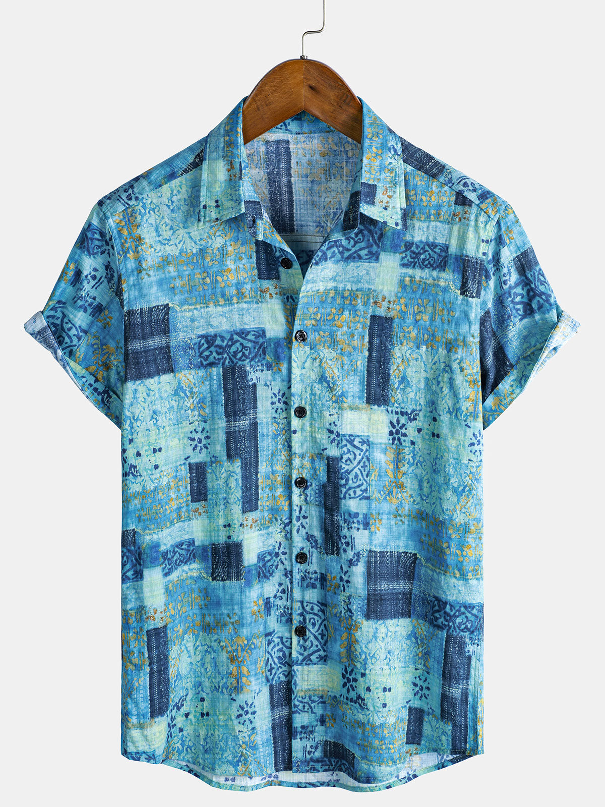 Chemise homme manches courtes patchwork en coton respirant boutonnée