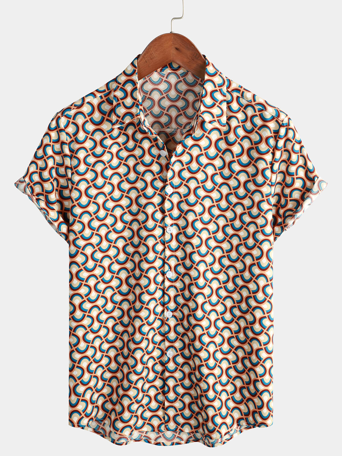 Chemise d'été à manches courtes rétro pour homme boutonnée avec motifs géométriques circulaires vintage idéale pour la plage