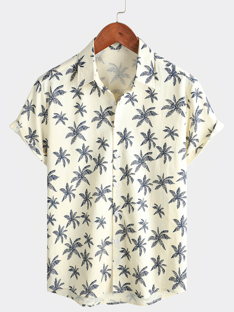 Chemise à manches courtes boutonnée en coton avec motifs d'arbres de palmiers hawaïens pour homme idéale pour les croisières et la plage