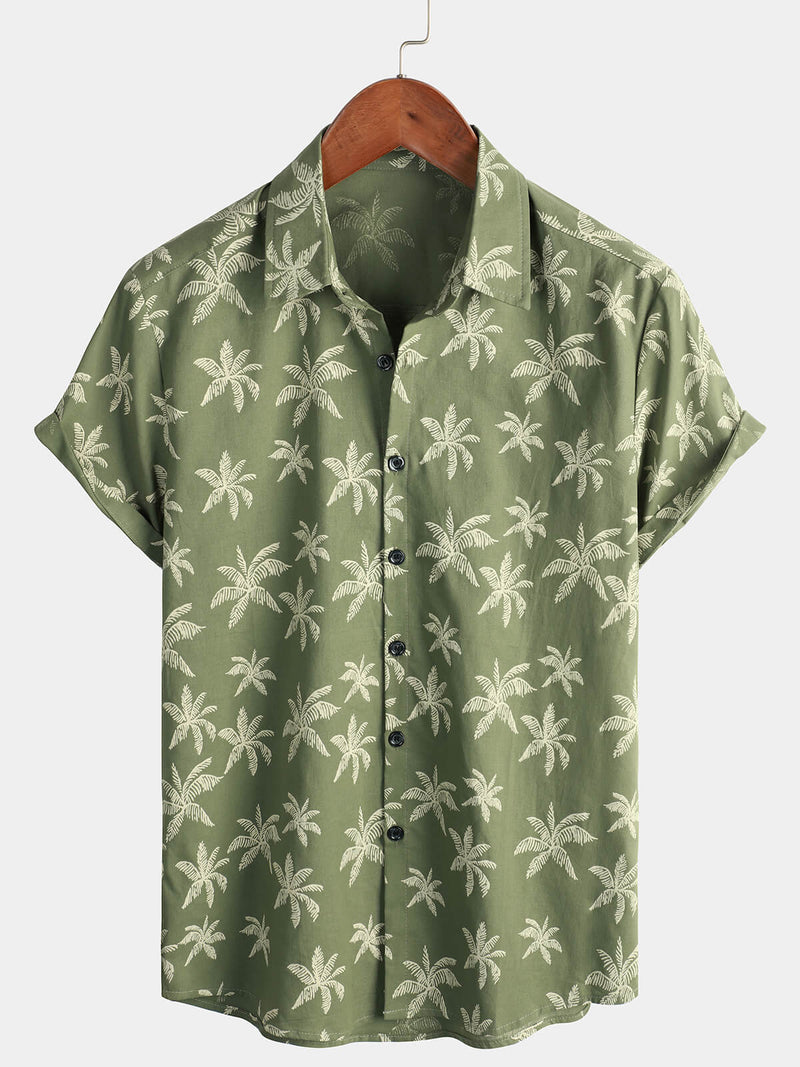 Chemise à manches courtes en coton à motifs d'arbres de palmiers pour homme boutonnée parfaite pour la plage hawaïenne et les croisières