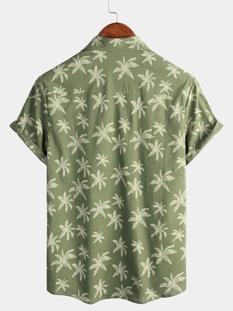 Chemise à manches courtes en coton à motifs d'arbres de palmiers pour homme boutonnée parfaite pour la plage hawaïenne et les croisières