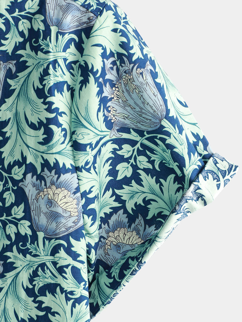 Chemise hawaïenne boutonnée pour homme, en coton bleu vintage, à manches courtes avec motifs floraux, idéale pour les vacances estivales et les croisières