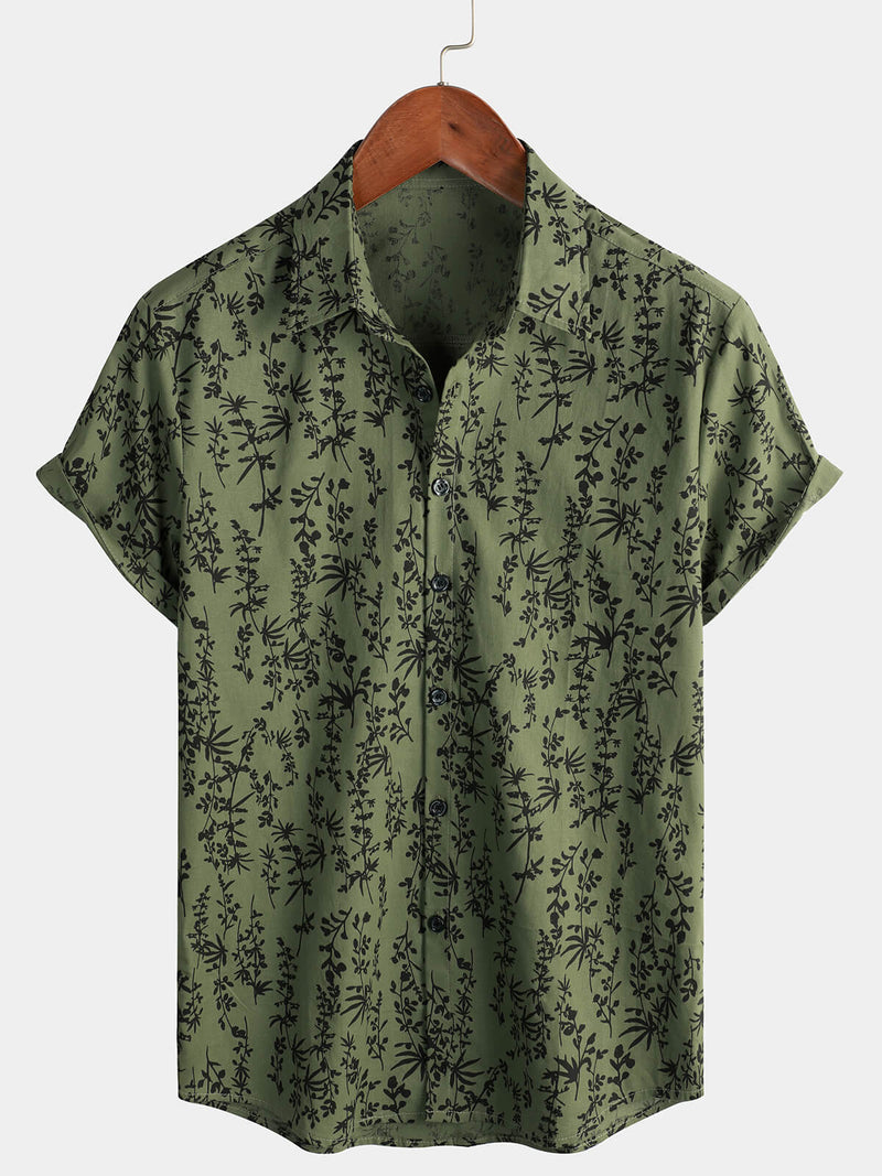 Chemise rétro à manches courtes en coton vert hawaïen pour homme idéale pour les vacances estivales avec motifs floraux boutonnée