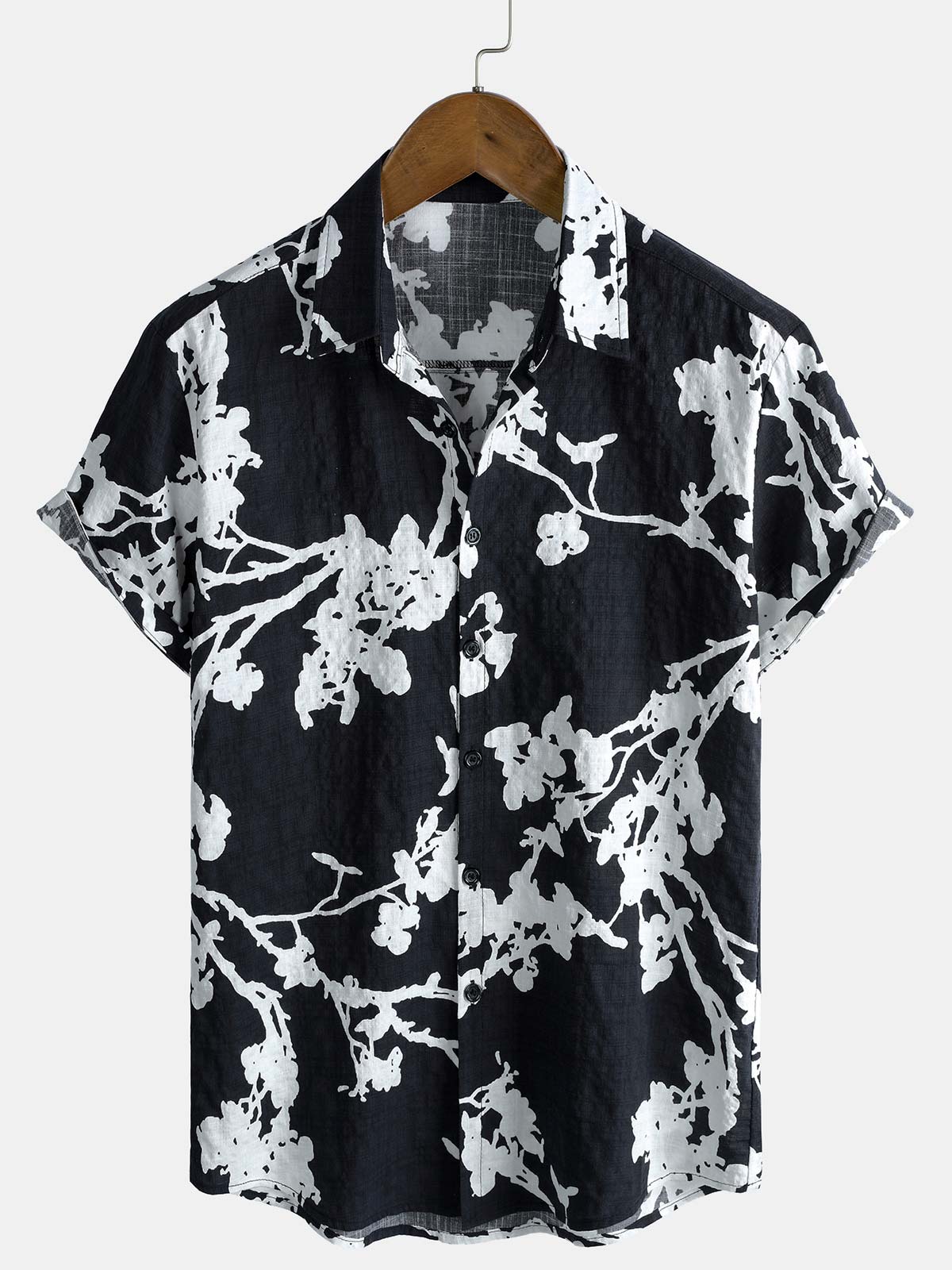 Chemise Homme Hawaïenne Florale Noir et Blanc en Coton Manches Courtes