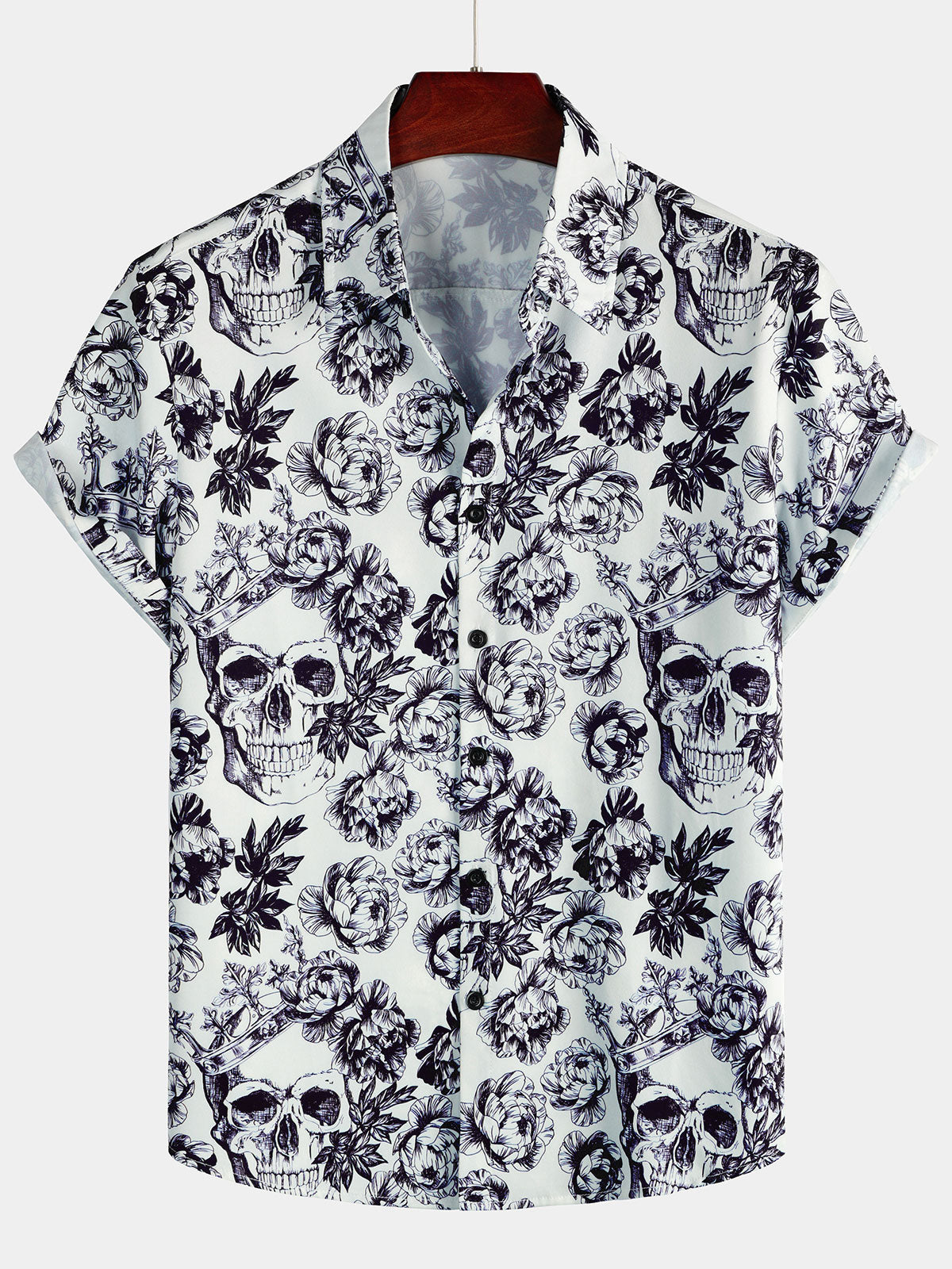 Chemise noire à manches courtes pour hommes, imprimé tête de mort florale, couronne Punk Rock