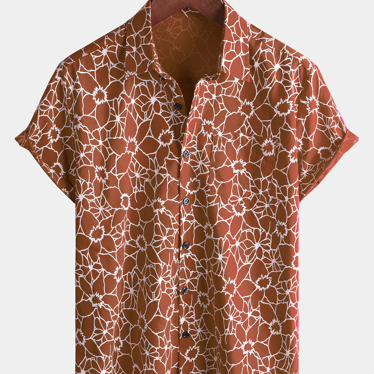 Chemise à manches courtes boutonnée en lin et coton vintage à fleurs marron pour hommes