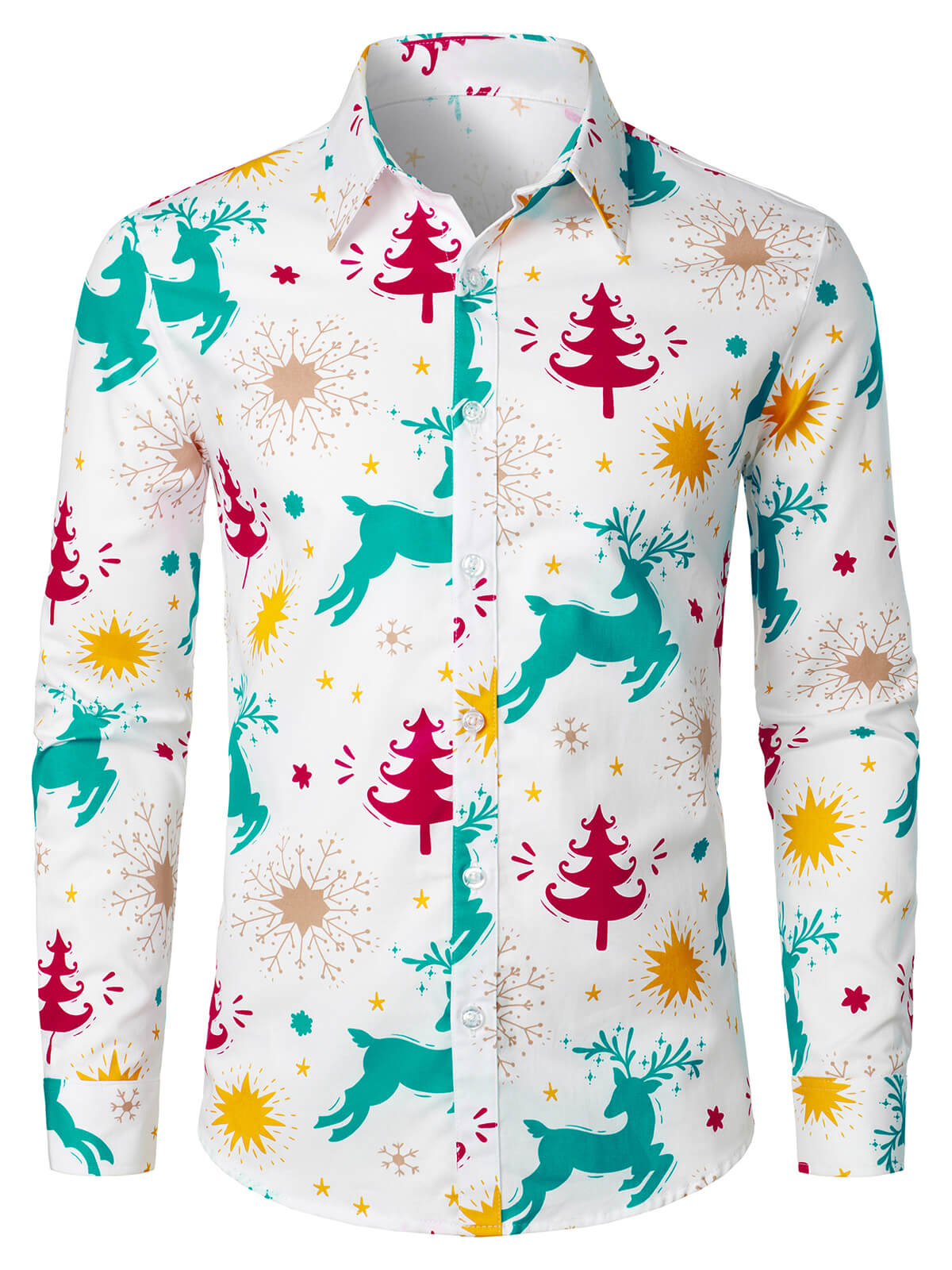 Chemise à manches longues à boutons pour homme avec imprimé animaux de forêt et arbres de Noël, blanche