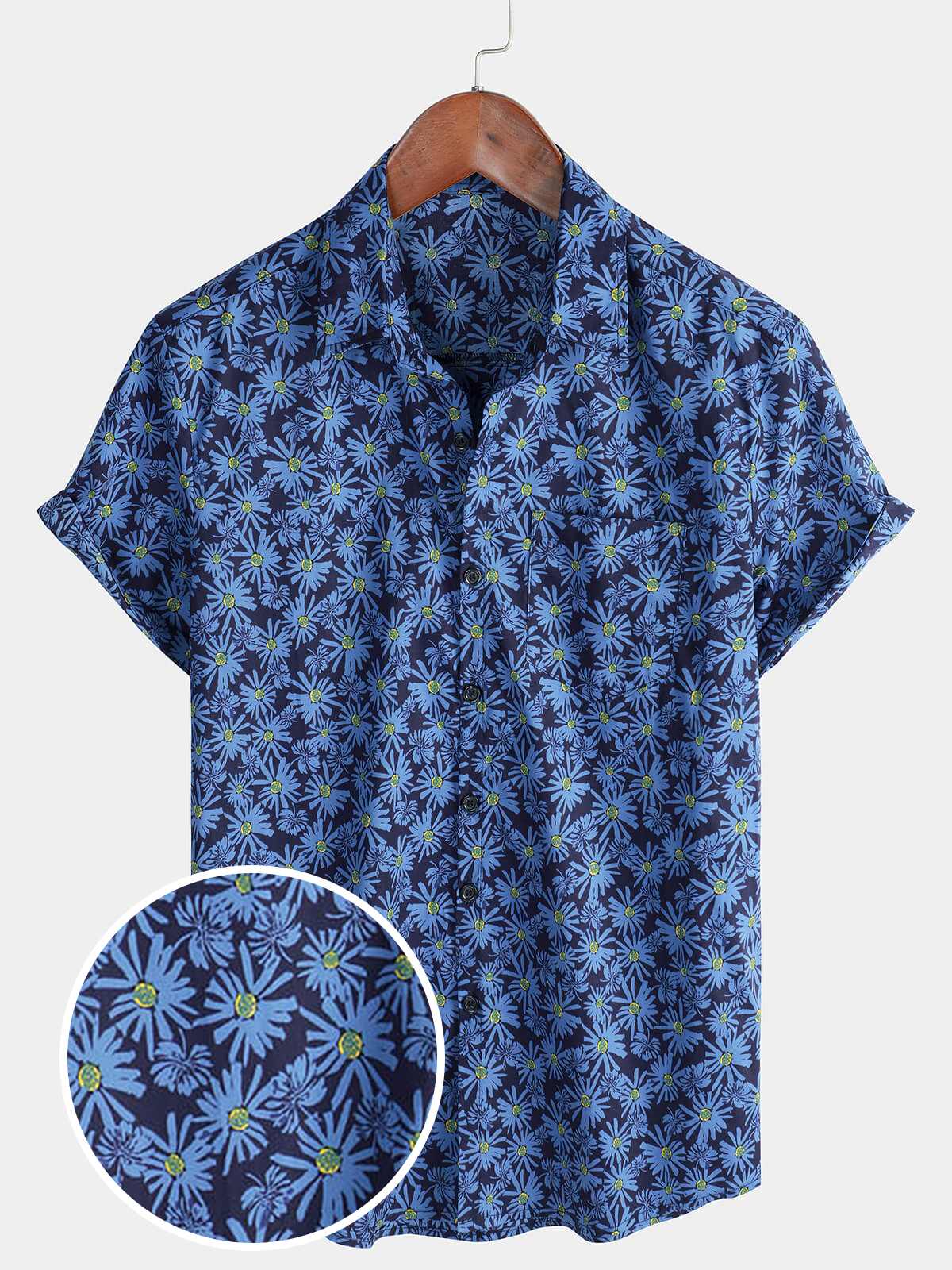 Chemise de plage boutonnée en coton à manches courtes et avec poche en forme de marguerite pour hommes