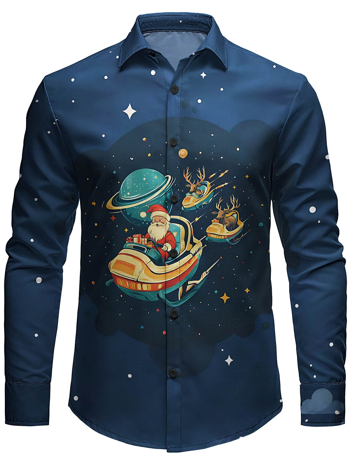 Chemise à manches longues pour homme avec imprimé Noël, élans dans l'espace et Père Noël
