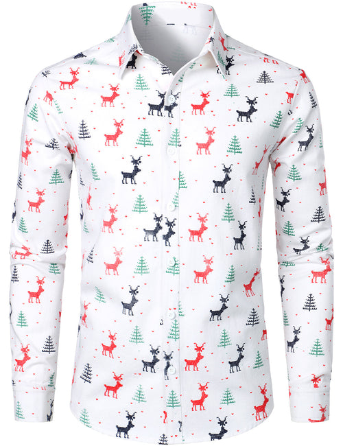 Lot de 2 | Chemises à manches longues blanches respirantes à imprimé d'élan d'arbre de Noël pour hommes