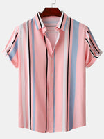 Chemise à manches courtes décontractée d'été boutonnée à rayures verticales rose pour hommes