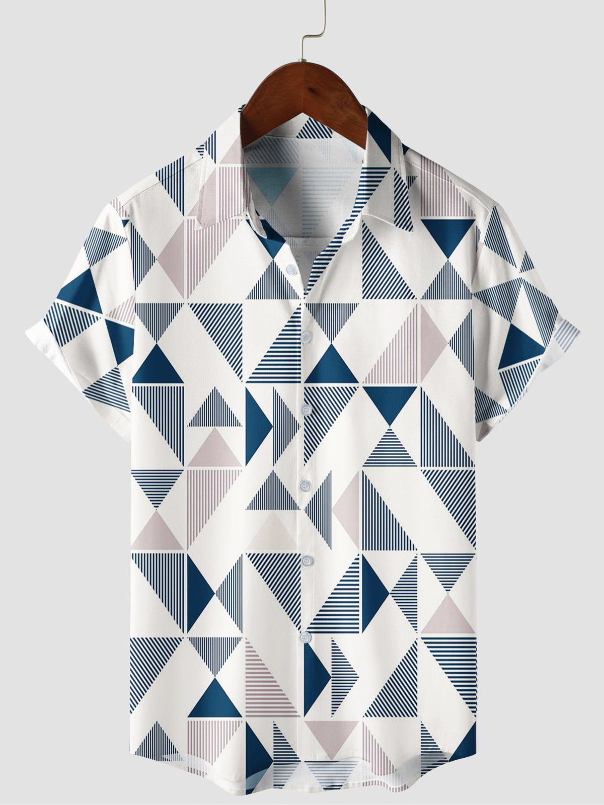 Chemise boutonnée de plage d'été à manches courtes avec imprimé géométrique triangle bleu et blanc pour hommes