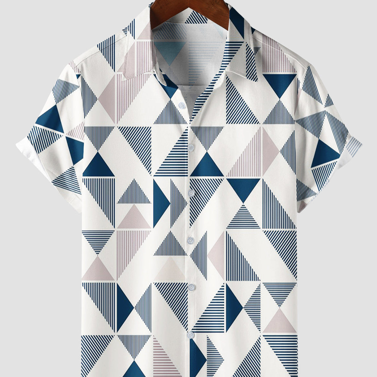 Chemise boutonnée de plage d'été à manches courtes avec imprimé géométrique triangle bleu et blanc pour hommes