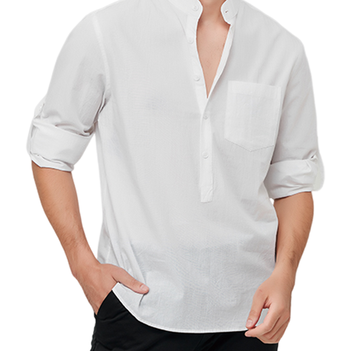 Chemise à manches longues décontractée en coton avec col Henley de couleur unie pour hommes