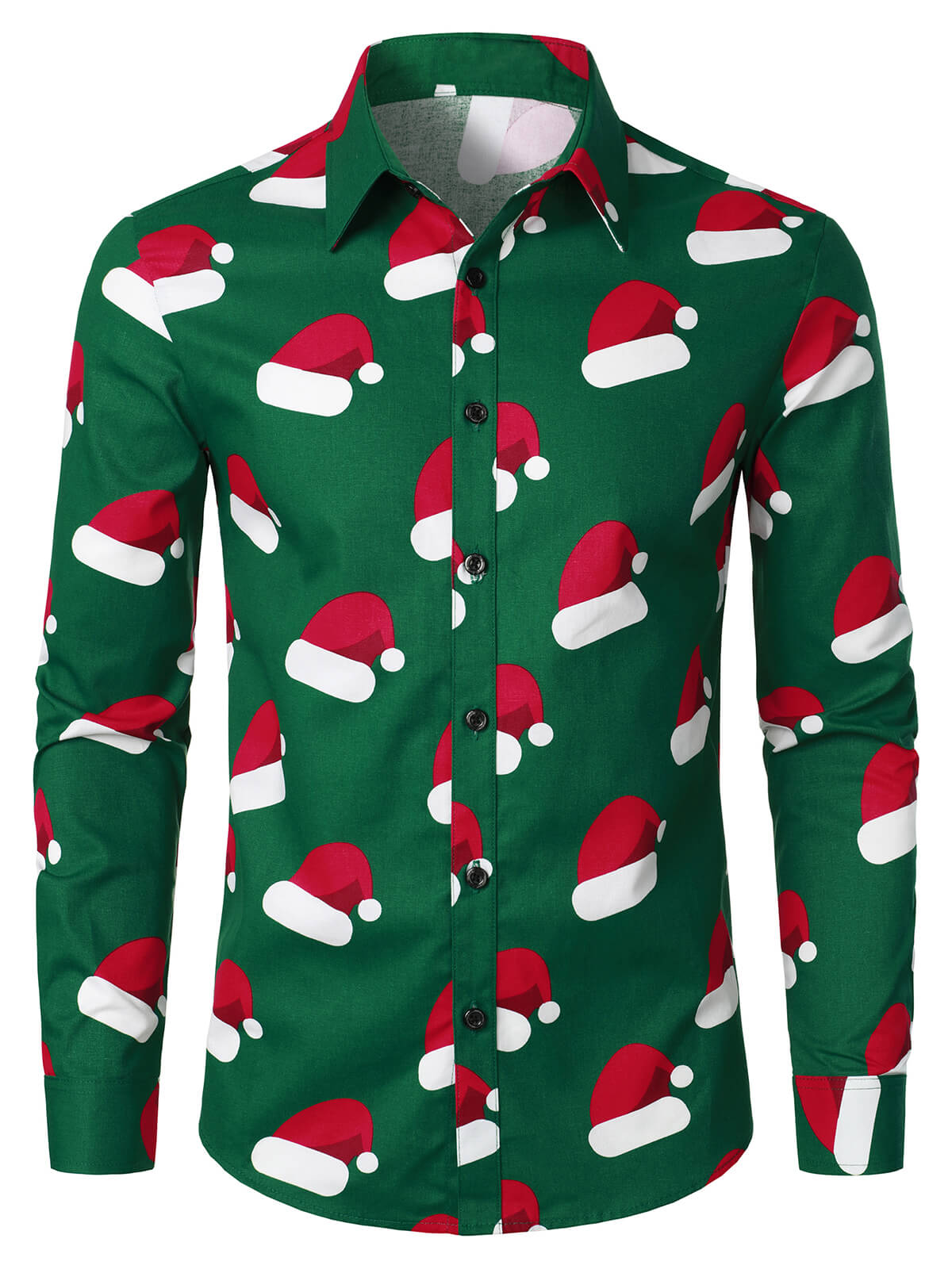 Chemise à manches longues à boutons pour homme avec imprimé chapeau de Noël vert