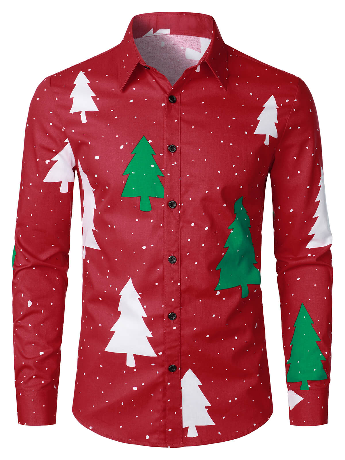Chemise à manches longues à boutons pour homme avec imprimé arbres de Noël et neige rouge