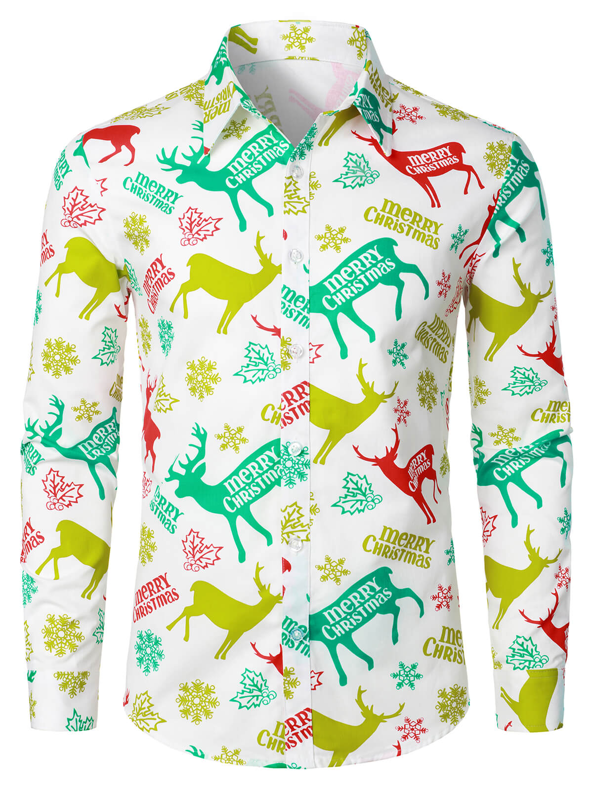 Chemise à manches longues à boutons pour homme avec imprimé cerfs de Noël, blanche