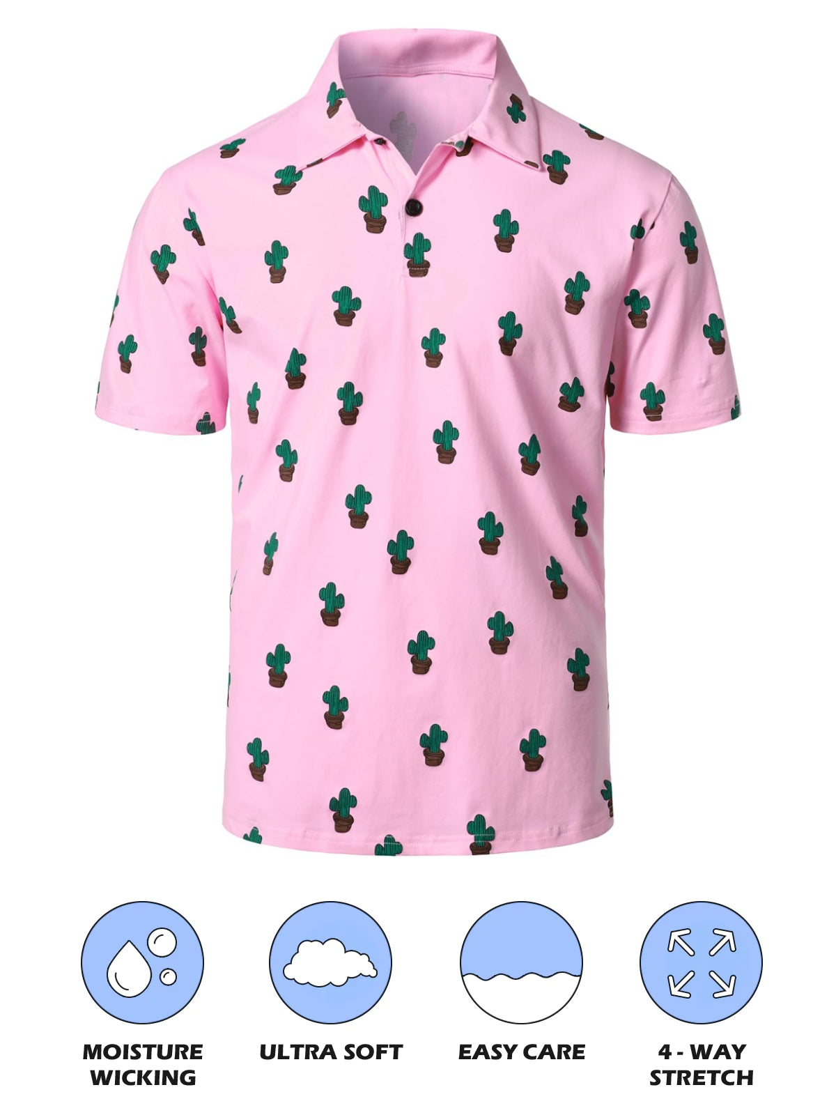 Polo à manches courtes en coton rose imprimé cactus pour hommes, sport de vacances, golf