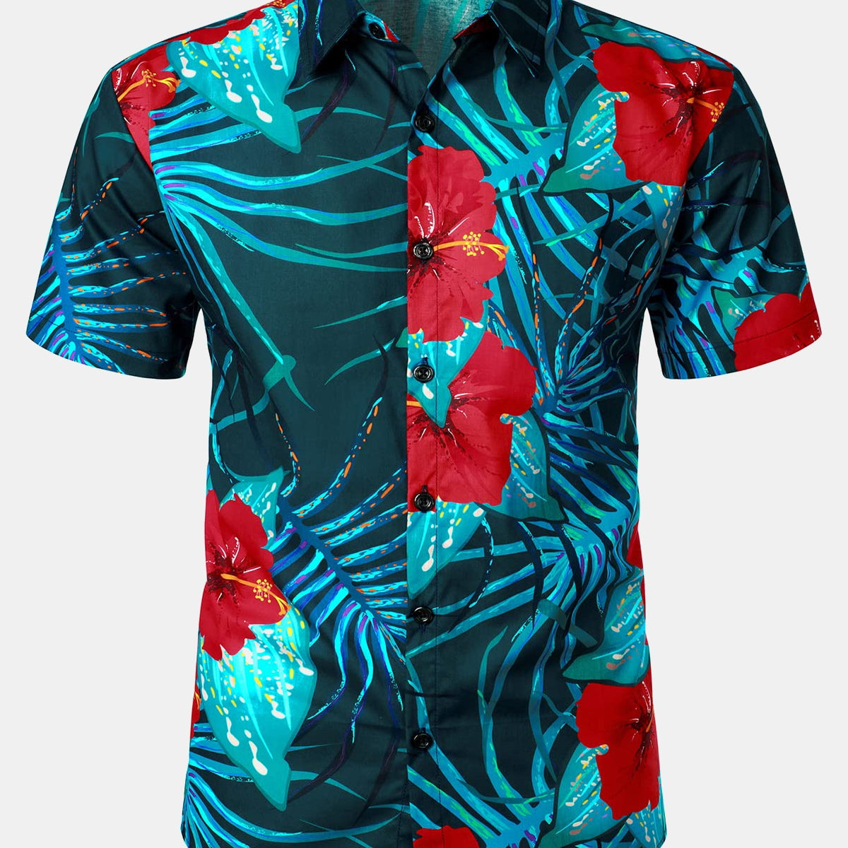 Chemise à manches courtes pour hommes, bleu, imprimé floral hawaïen, plage tropicale, été