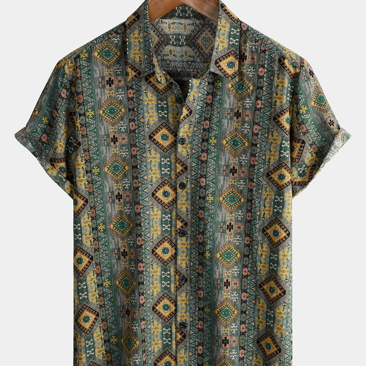 Chemise boutonnée rétro à manches courtes pour hommes, imprimé aztèque des années 70
