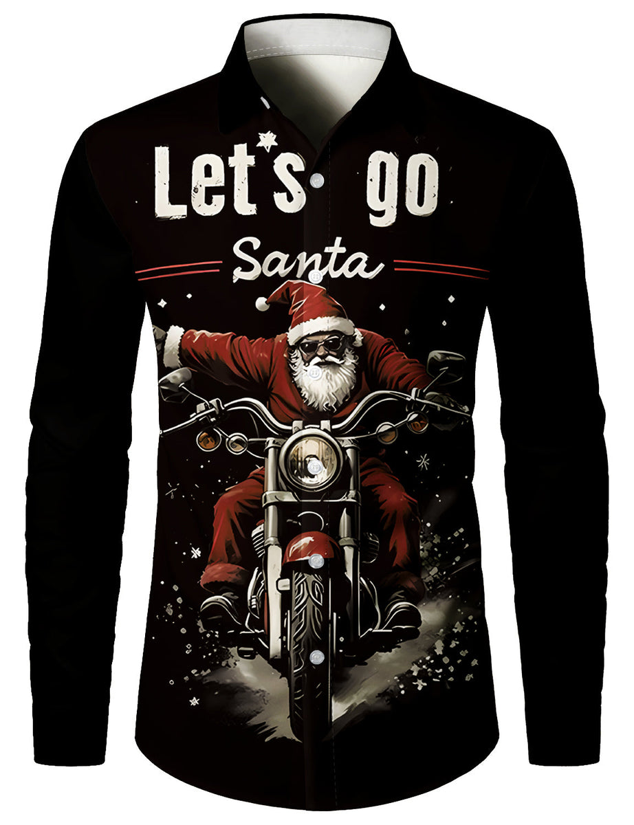 Chemise Homme Manches Longues Imprimé Père Noël 3D - En Polyester, Pour Fêtes De Noël, Tenue Festive Décontractée