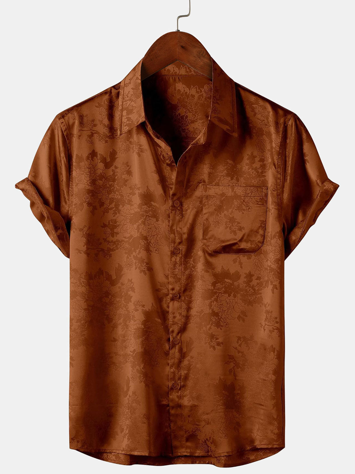 Chemise à manches courtes en satin de soie à motif floral et jacquard marron pour homme