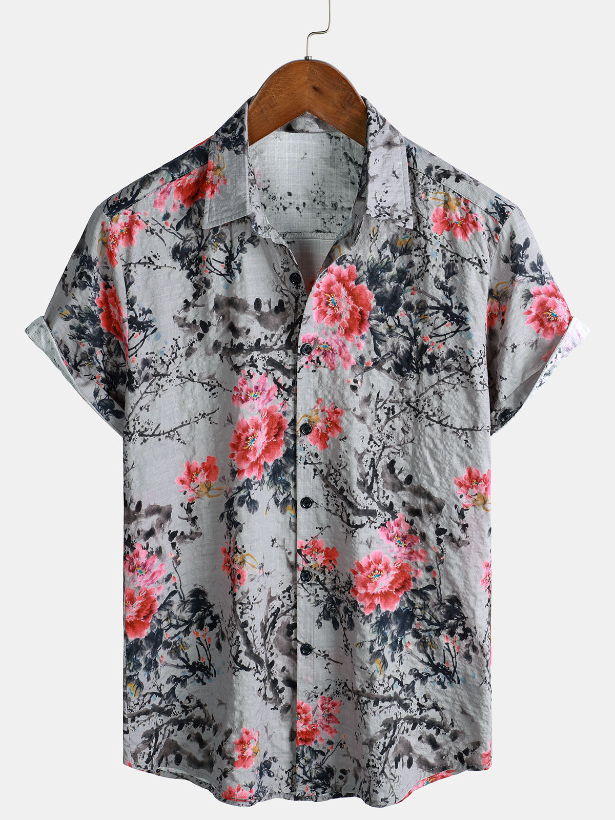 Chemise à manches courtes à fleurs roses pour homme