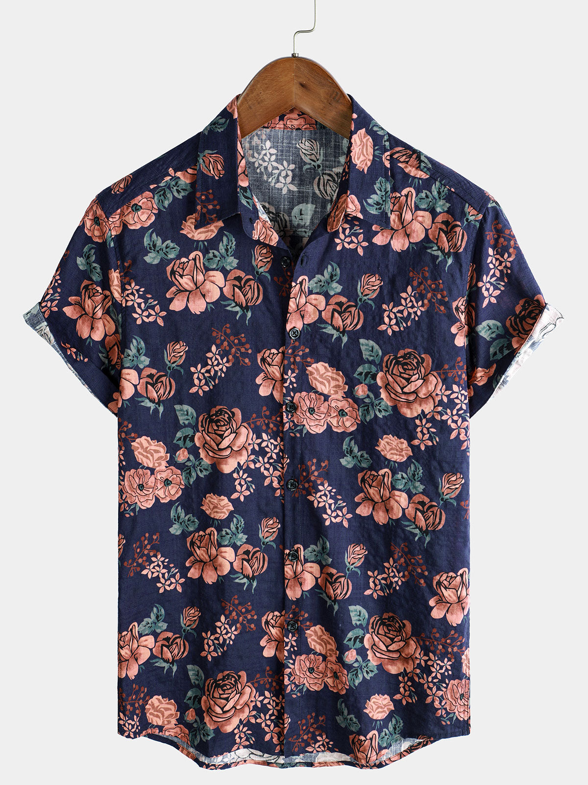 Chemise à manches courtes pour homme, motif floral rétro, bleu marine, pour les vacances d'été