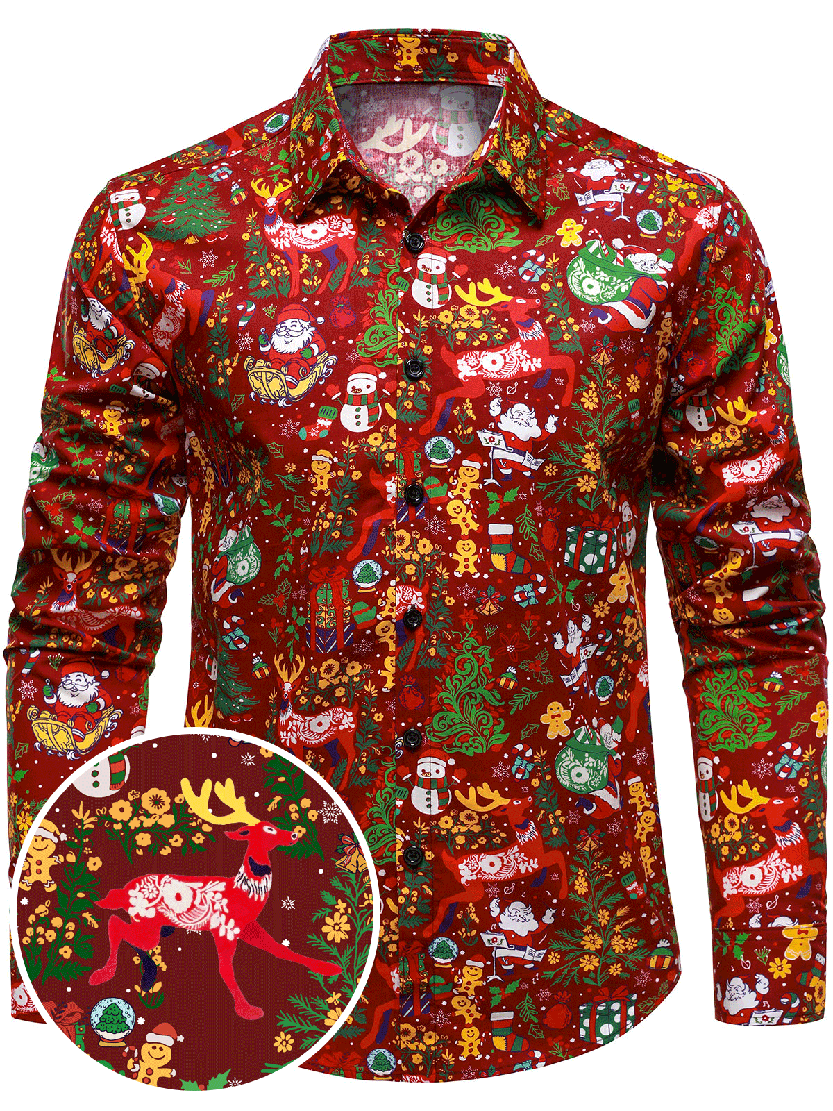 Chemise à manches longues rouge pour homme avec imprimé Père Noël et motif festif