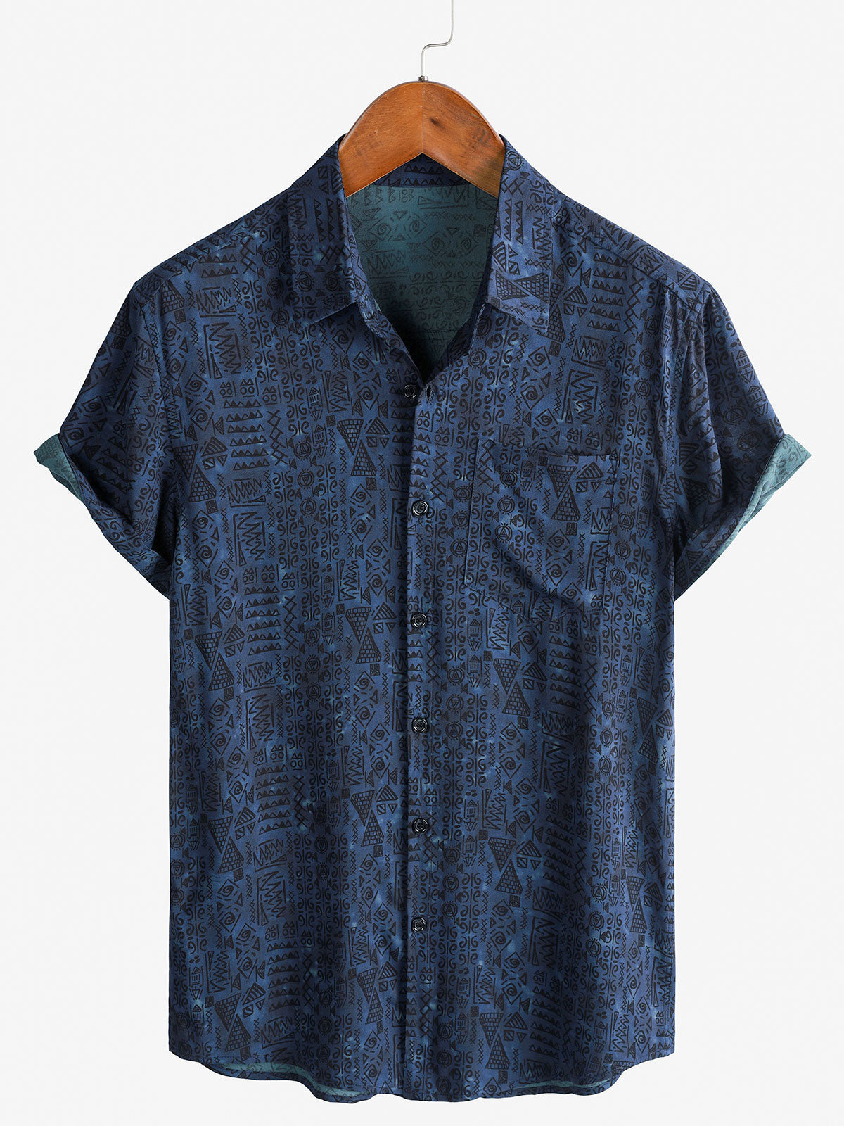 Chemise homme manches courtes imprimé tribal géométrique bleu marine en rayon