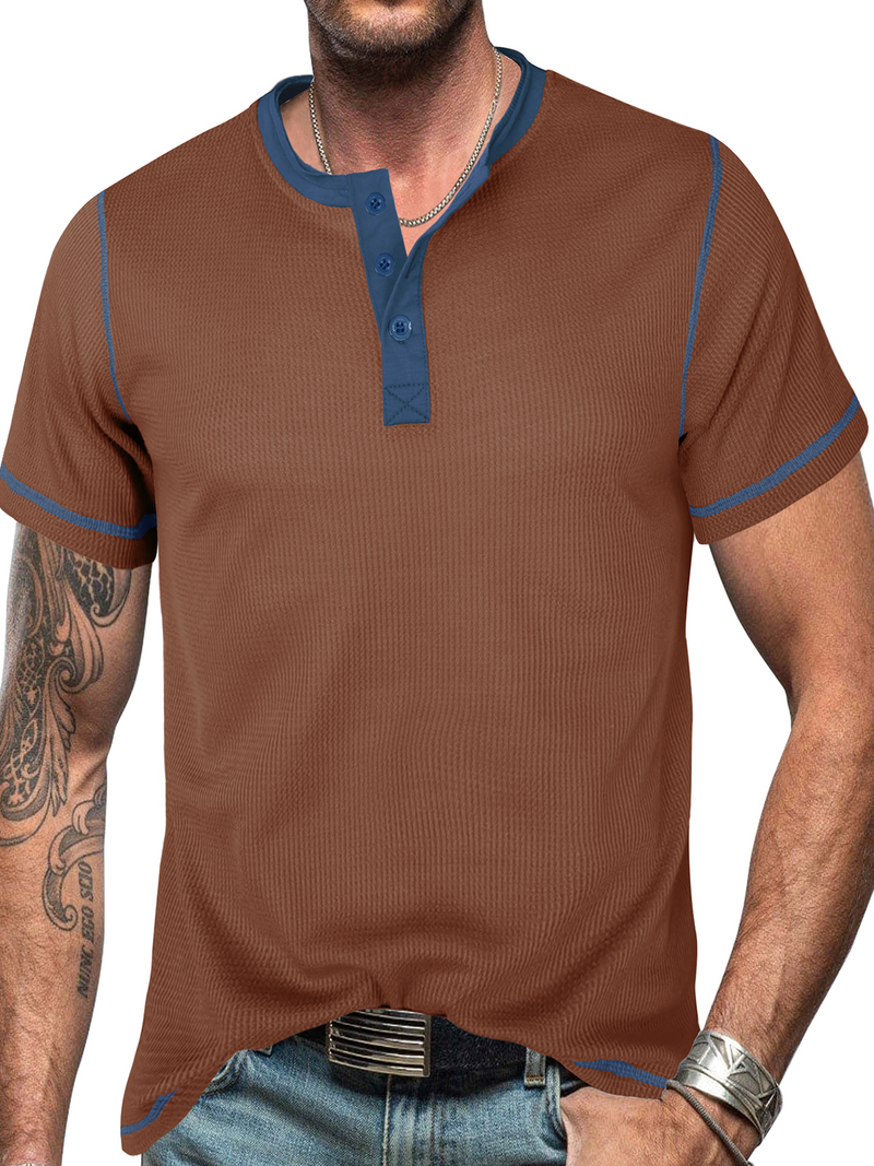 T-shirt à manches courtes vintage à col Henley de couleur unie respirant pour hommes