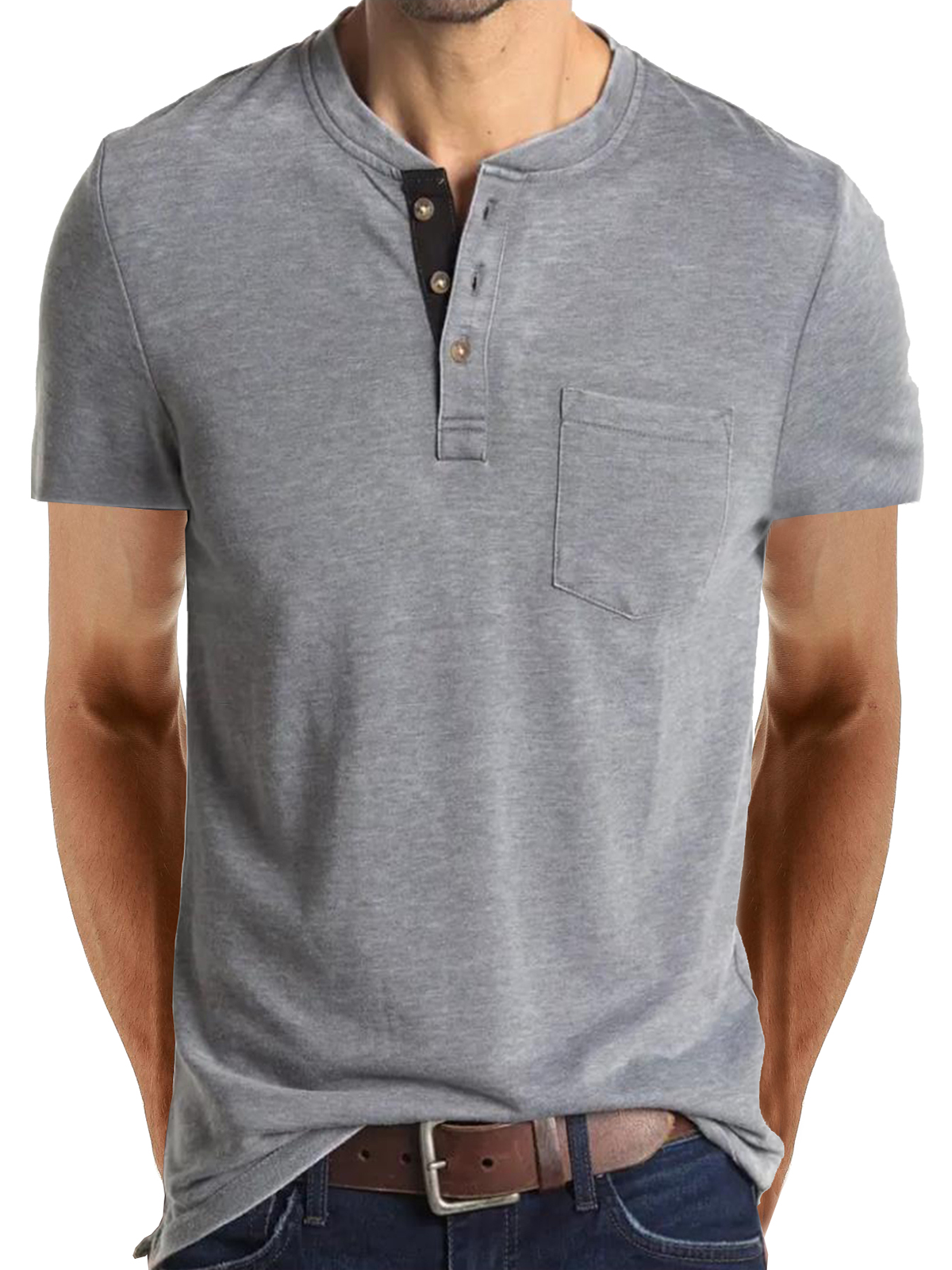 T-shirt décontracté à manches courtes en coton à col Henley pour hommes, couleur unie