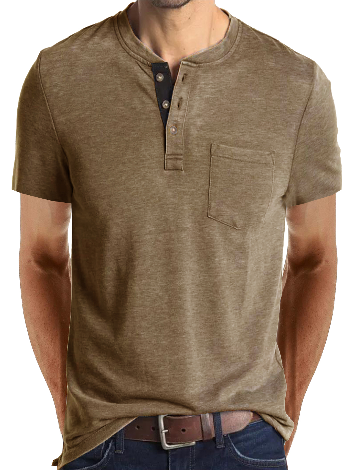 T-shirt décontracté à manches courtes en coton à col Henley pour hommes, couleur unie