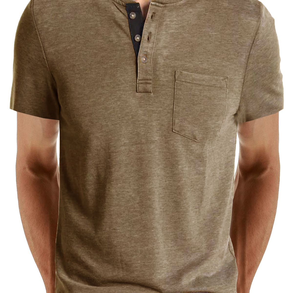 T-shirt décontracté à manches courtes en coton à col Henley pour hommes, couleur unie