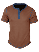 T-shirt à manches courtes vintage à col Henley de couleur unie respirant pour hommes