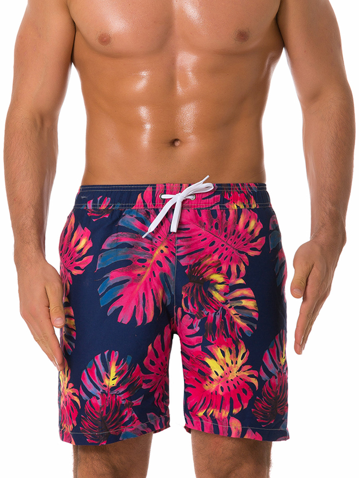 Short de plage d'été imprimé feuilles tropicales pour hommes, maillot de bain bleu marine