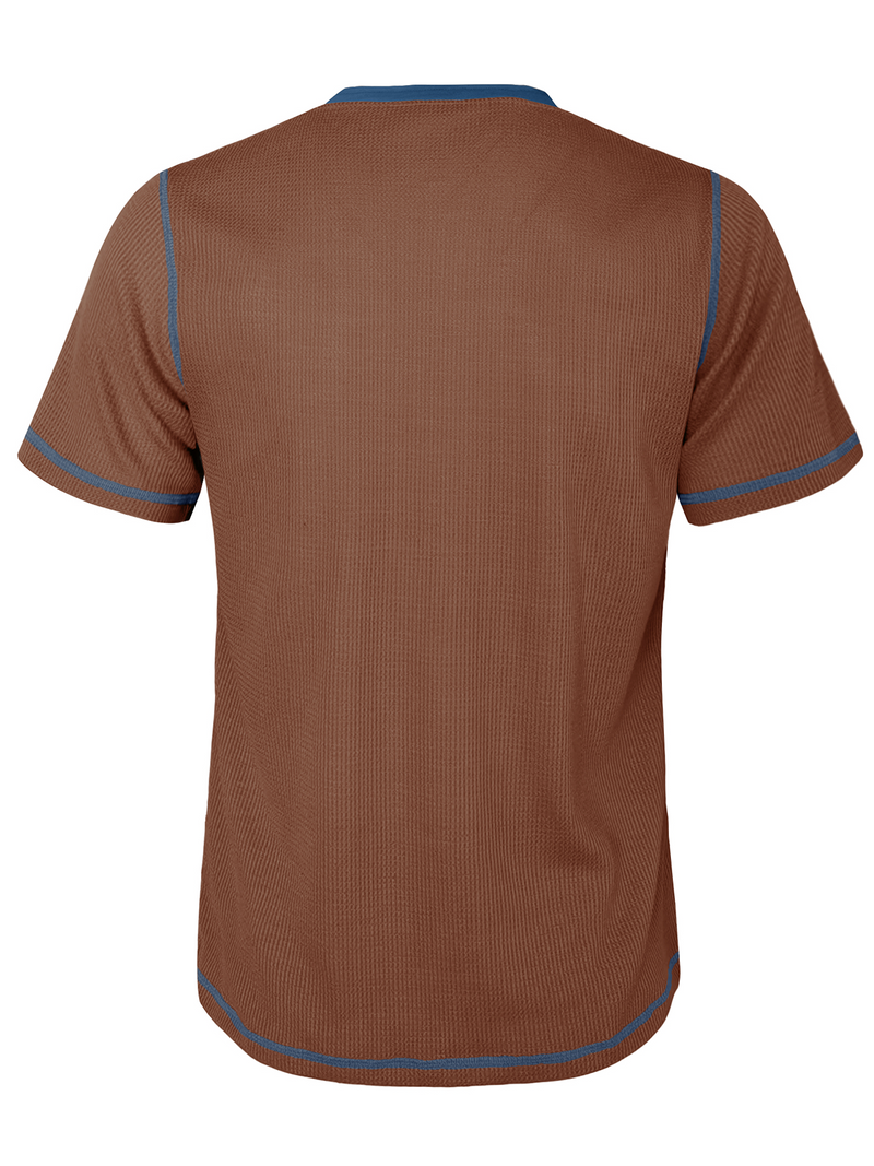 T-shirt à manches courtes vintage à col Henley de couleur unie respirant pour hommes