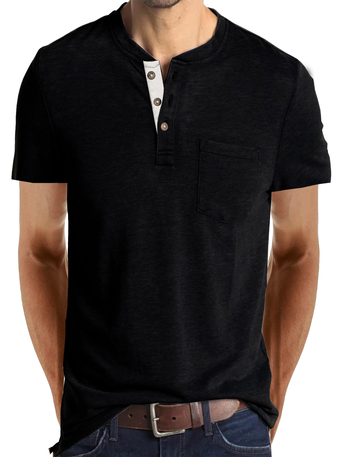 T-shirt décontracté à manches courtes en coton à col Henley pour hommes, couleur unie