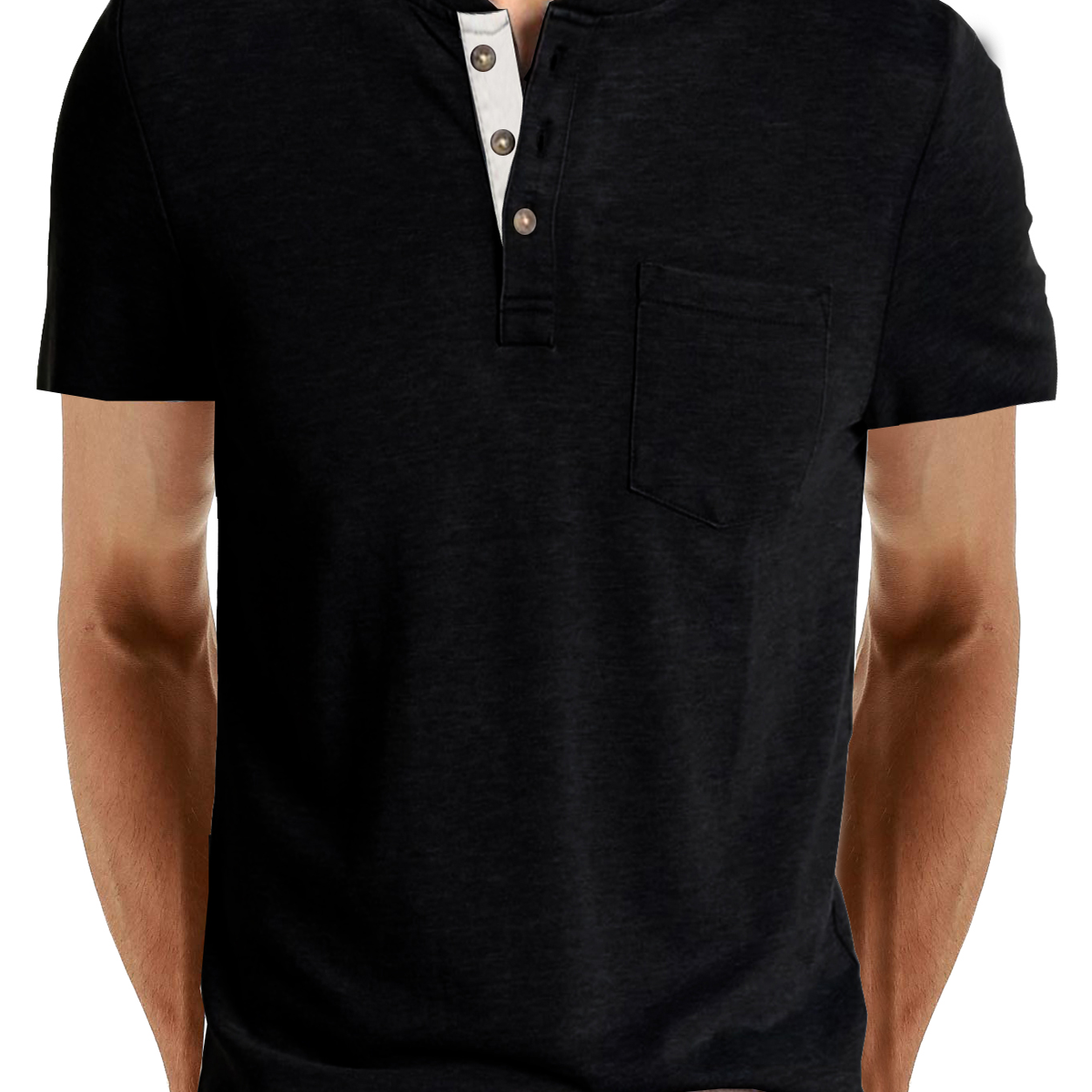 T-shirt décontracté à manches courtes en coton à col Henley pour hommes, couleur unie