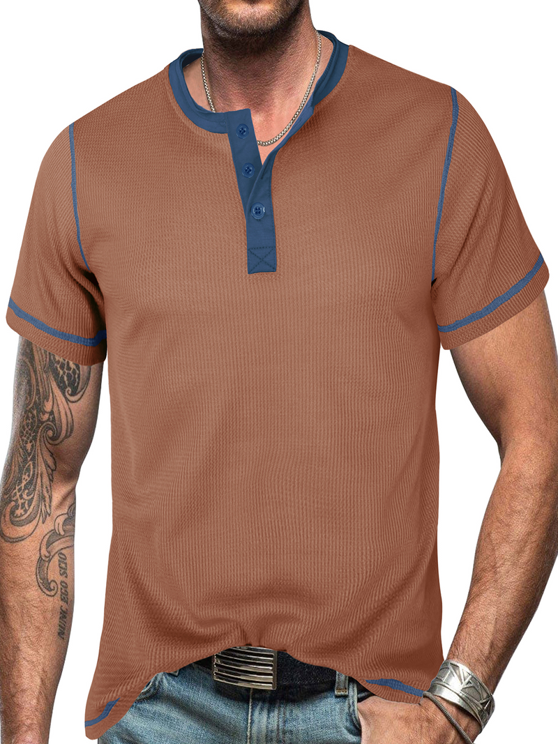 T-shirt à manches courtes vintage à col Henley de couleur unie respirant pour hommes