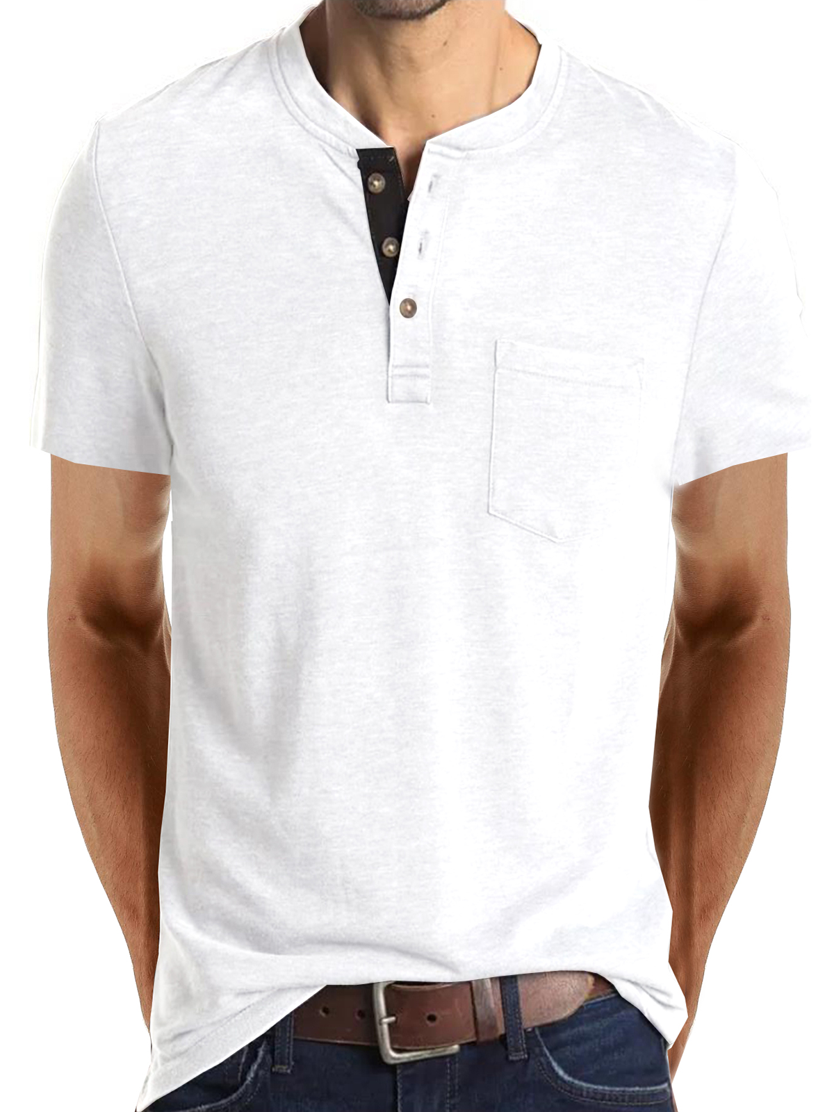 T-shirt décontracté à manches courtes en coton à col Henley pour hommes, couleur unie