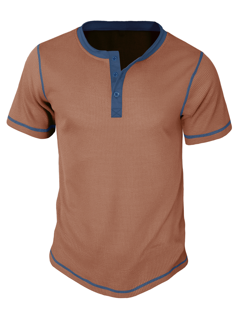 T-shirt à manches courtes vintage à col Henley de couleur unie respirant pour hommes