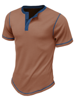 T-shirt à manches courtes vintage à col Henley de couleur unie respirant pour hommes