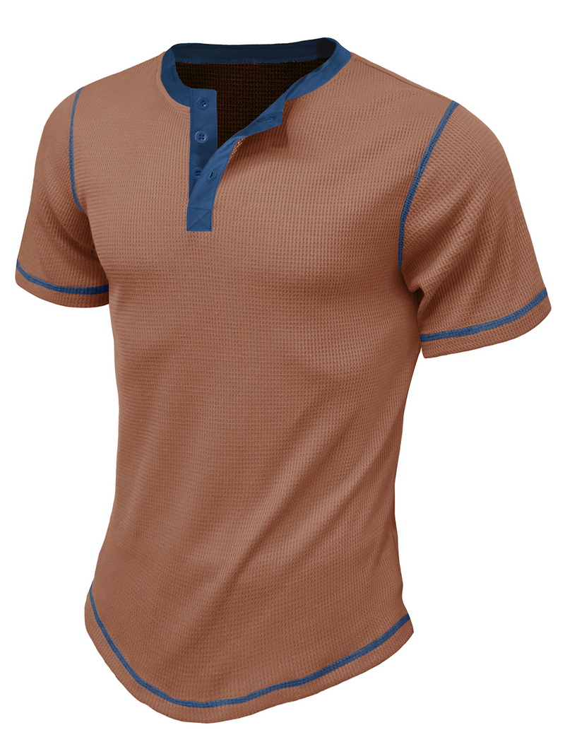 T-shirt à manches courtes vintage à col Henley de couleur unie respirant pour hommes