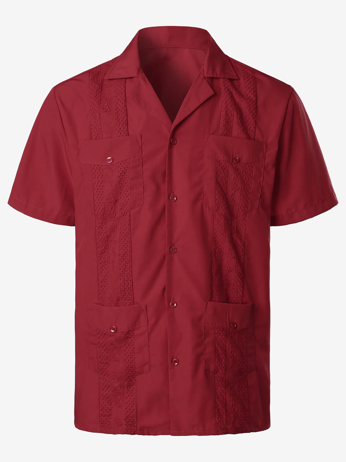 Chemise Guayabera cubaine rouge à manches courtes et poche pour hommes