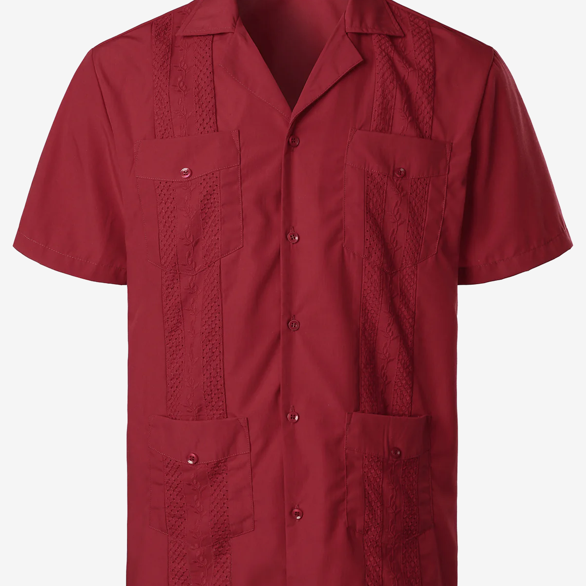 Chemise Guayabera cubaine rouge à manches courtes et poche pour hommes