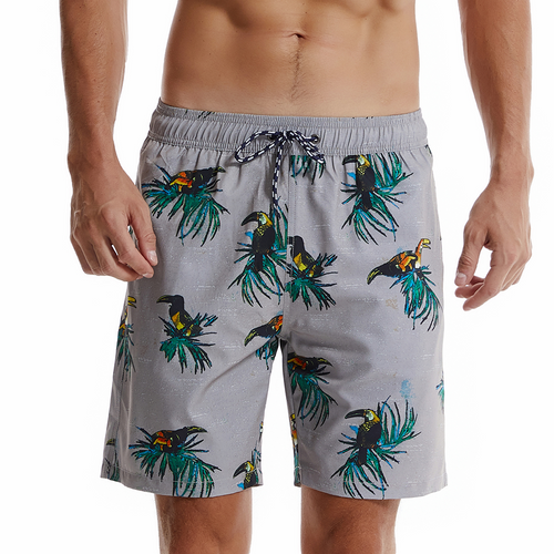 Short de bain gris à séchage rapide imprimé perroquet pour homme