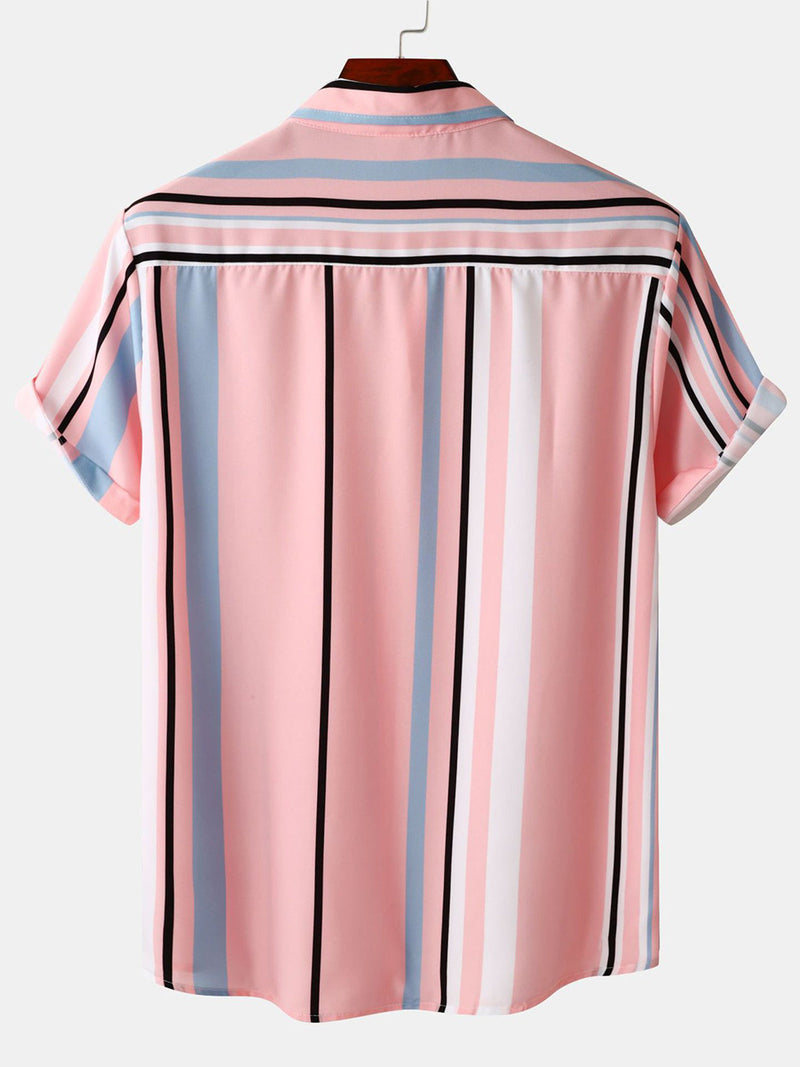 Chemise à manches courtes décontractée d'été boutonnée à rayures verticales rose pour hommes