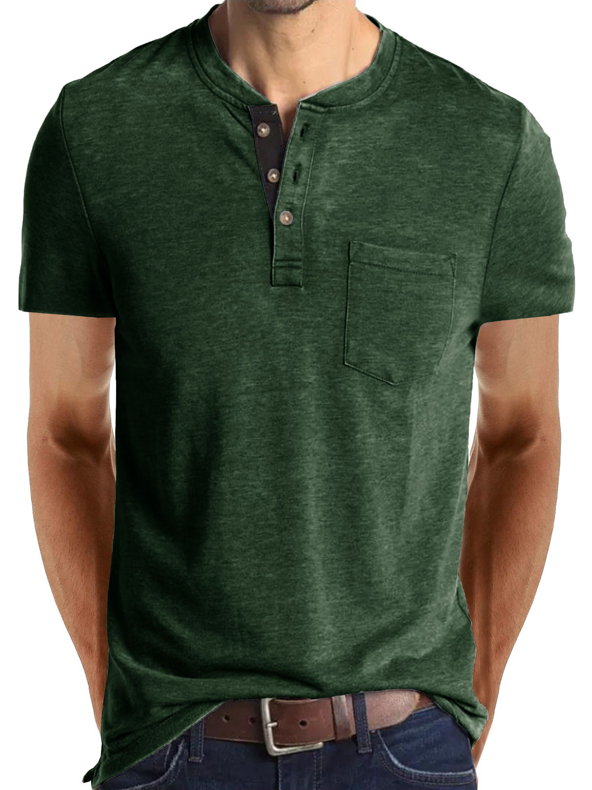 T-shirt décontracté à manches courtes en coton à col Henley pour hommes, couleur unie