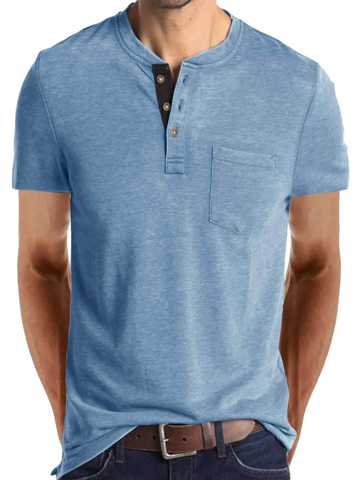 T-shirt décontracté à manches courtes en coton à col Henley pour hommes, couleur unie